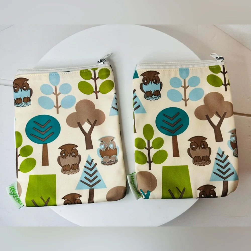 WEGREECO Set of 3 Green Blue and Brown Owl Print Reusable Zip Top Utility Bags